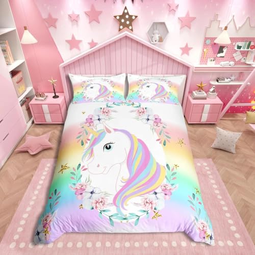 Loussiesd Set de ropa de cama de 2 uds., funda de edred&oacute;n con dise&ntilde;o de fantas&iacute;a con unicornio,...