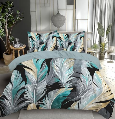 Juego De Funda Nordica Cama Cian Plata Plumas Brillantes Estampado 3D Fundas Edred&oacute;n,Est&eacute;tica...