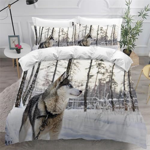 Funda Nordica de 3 Piezas para Cama 90 Husky Funda Edredon 150x220 cm Paisaje de Invierno Ropa de...
