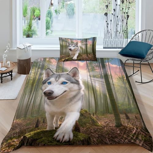 Funda N&oacute;rdica con Husky Siberiano Microfibra Juego De Cama Bamb&uacute; Bosque con Funda De Almohada para...