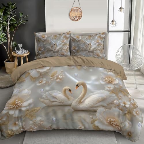 Juego De Fundas N&oacute;rdicas Suave 3 Piezas para Cama 135/150 Flores Cisnes Hojas Doradas,Elegante Y...