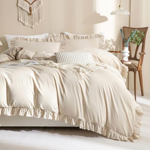 AShanlan Ropa de cama con volantes, 155 x 220 cm, color beige, liso, rom&aacute;ntico, con volantes, 2...