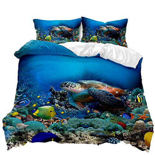 TULTOAP Juego de ropa de cama de 135 x 200 cm, diseño de tortuga y peces de coral con estampado de...