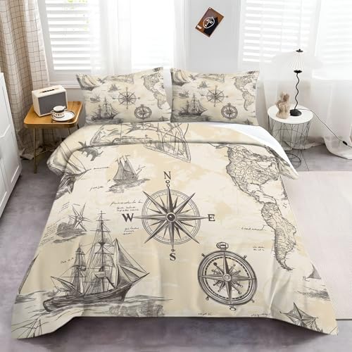 200 &times; 200 cm Juego de Funda n&oacute;rdica Mapa n&aacute;utico Antiguo Juego de Cama Estampado Suave Gris Juego...