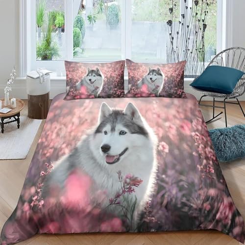 Funda Nordica Cama 90 Perros Husky 3D Impresi&oacute;n Funda de Edred&oacute;n Flores Rosas Microfibra Suave...