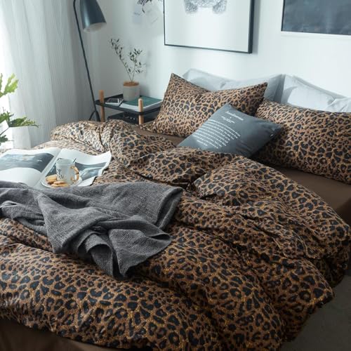 Lanqinglv Juego de ropa de cama de 200 x 200 cm, dise&ntilde;o de leopardo, color marr&oacute;n, de microfibra,...