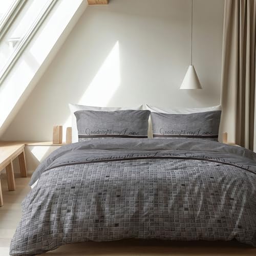 SleepTime Funda N&oacute;rdica Algod&oacute;n, Buenas Noches Mi Amor, Gris, Cama 120, 200cm x 220cm, con 2 Funda...