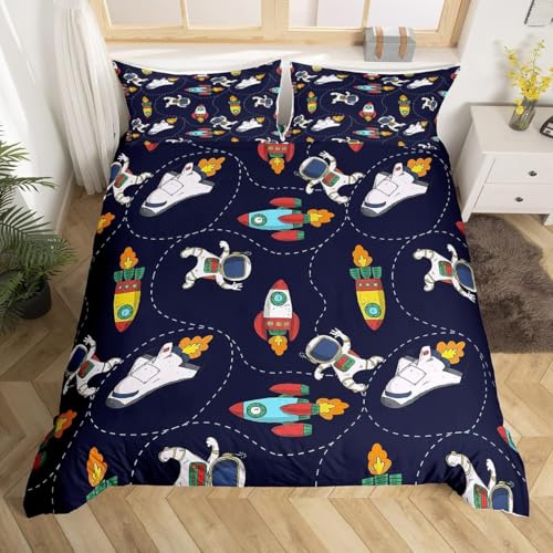 Homemissing Juego de ropa de cama de astronauta de dibujos animados para ni&ntilde;as y ni&ntilde;os, cohete...