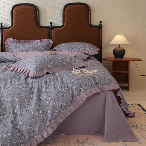 MKXI Juego de funda de edred&oacute;n floral 100% algod&oacute;n con volantes rom&aacute;nticos, juego de ropa de cama...