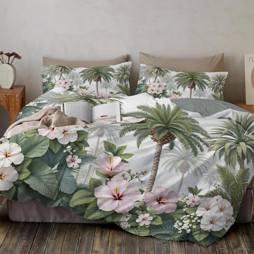 Juego De Funda Nordica Cama Rosa Verde Flores De Palmera Estampado 3D Fundas Edred&oacute;n,Plantas...