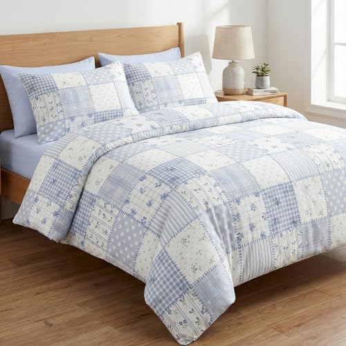 AShanlan Ropa de cama de 135 x 200 cm, dise&ntilde;o de patchwork, color azul y blanco, flores a cuadros,...