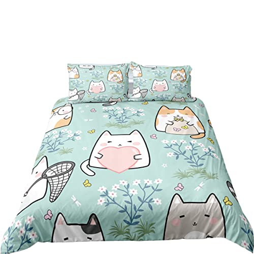 Funda Nordica Cama 90/105/135/150 Juveniles Animal Gato Flor Verde Microfibra Cremallera Juego De...