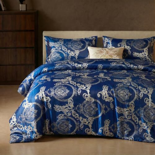 Herside Juego de funda n&oacute;rdica de jacquard azul oscuro, juego de cama doble de 200 x 200 cm, funda...