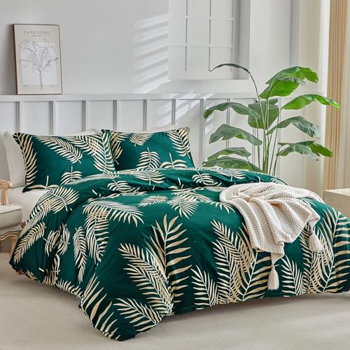 Tokokimo, Juego de funda n&oacute;rdica doble de microfibra con estampado de hojas tropicales doradas, con...