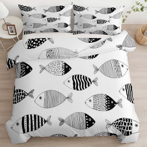 Blanco Funda de Edred&oacute;n 135x200 cm (Cama 80/90) Escandinavia Pez Rayado Juego de Ropa de Cama...