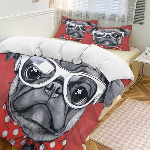 Juego de Cama con Estampado 3D, Funda n&oacute;rdica de Pug Gris con Cierre de Cremallera, Animales de...