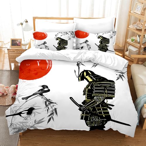 PORJDN Juego de ropa de cama de estilo japon&eacute;s, tema rom&aacute;ntico, samur&aacute;i japon&eacute;s, funda de...
