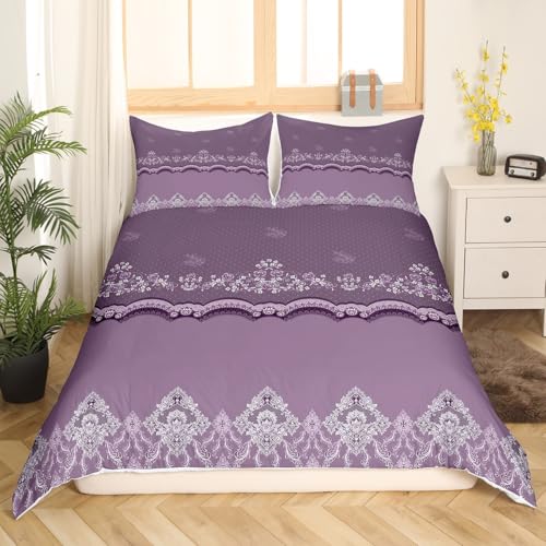 Juego de funda n&oacute;rdica tama&ntilde;o doble, dise&ntilde;o de encaje floral morado, 2 fundas de almohada,...