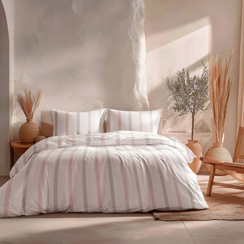 GAMUSI Juego Funda nórdica Cama 180 100% algodón - 2 Fundas Almohada 50x95 cm, Rayas Original...