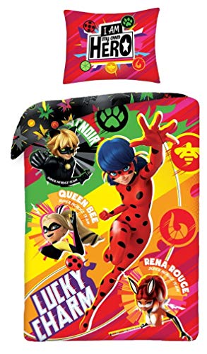 Halantex - MIR-4347BL - Juego de cama reversible Miraculous Lucky Charm con bolsa de transporte -...