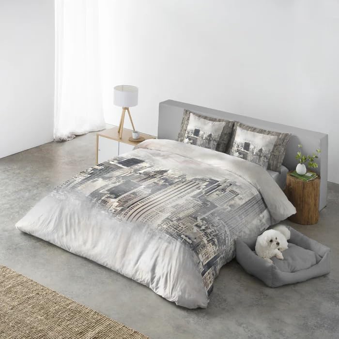 Henko - Funda Nordica Cama 150-100% Algod&oacute;n - Estampado New York en Tonos Sepia - Incluye Bolsa de...