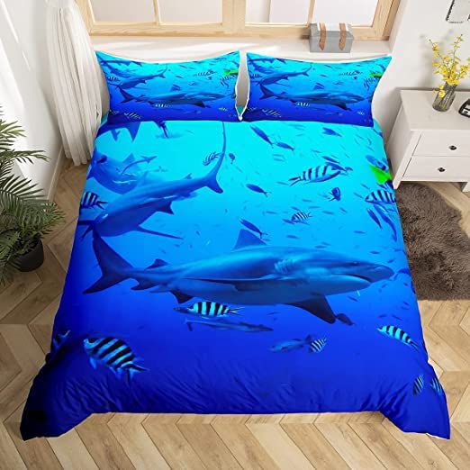 Homewish Juego de ropa de cama con diseño de tiburón azul, funda de edredón con diseño de peces,...