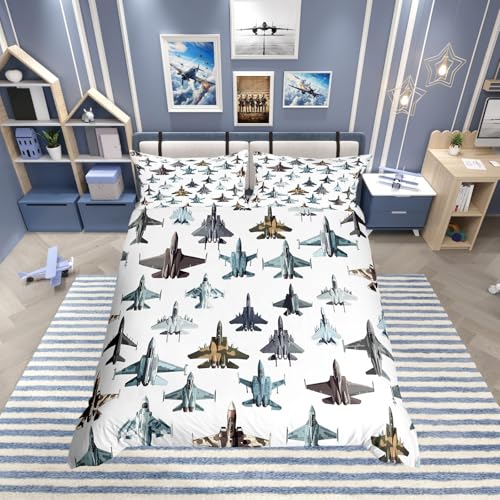 Homewish Juego de funda de edred&oacute;n para ni&ntilde;os y ni&ntilde;os, dise&ntilde;o de avi&oacute;n de combate militar,...