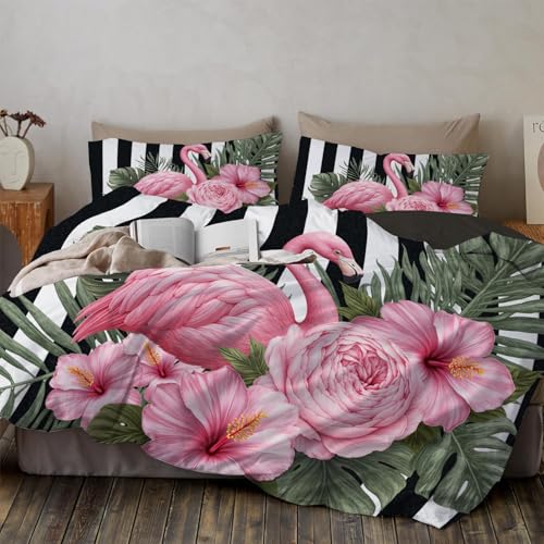 Juego de Funda de Edred&oacute;n Ilustraci&oacute;n Moderna con Dise&ntilde;o Flamencos Flores Tropicales, Cierre de...