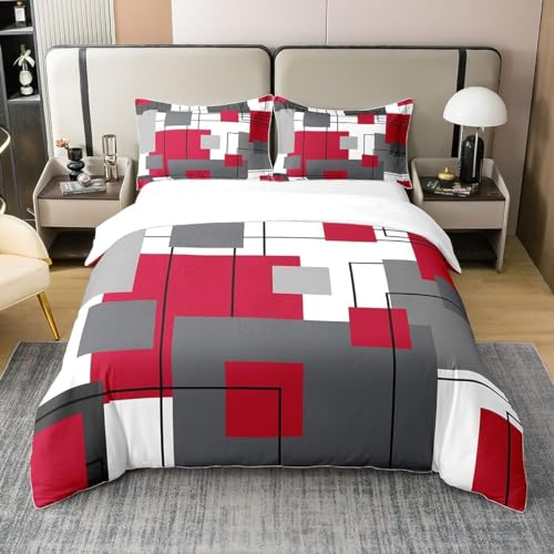 Funda Nordica Cama 180 Geom&eacute;trico Funda N&oacute;rdica 260x240 Rojo Gris Ropa de Cama de 3 Piezas...