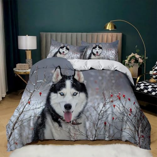 Funda Nordica Cama 90 Infantil Husky, Ropa de Cama Paisaje de Invierno de Microfibra Impresi&oacute;n 3D...
