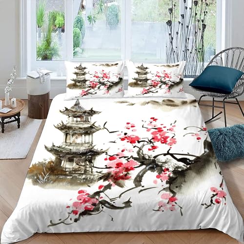 AASIRA Jap&oacute;n Sakura Ropa de cama infantil, 135 x 200 cm, dise&ntilde;o de paisaje japon&eacute;s, suave...