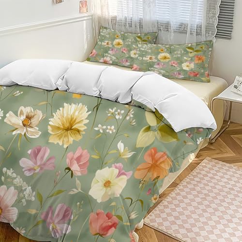 Juego de Cama de Lujo con Flores Cian Retro, Serie de Flores Encantadoras Juego de Cama de Lujo con...