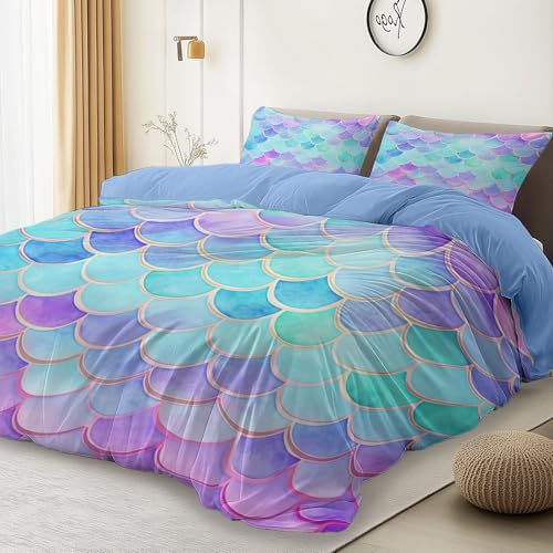 Juego Funda n&oacute;rdica Estampada Reversible Escamas Geom&eacute;tricas De Sirena Suave Microfibra Edred&oacute;n...