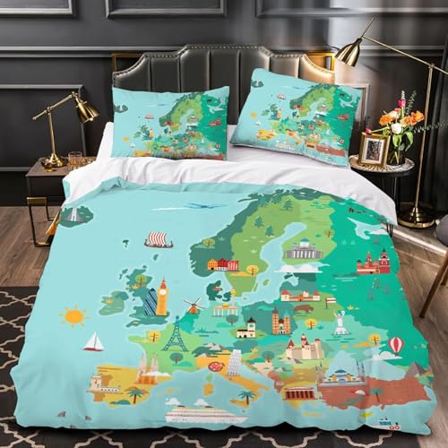 Funda Nordica Cama 135/150 Mapamundi Ropa de Cama 3D Verde Microfibra Suave 3 Piezas Include 1...