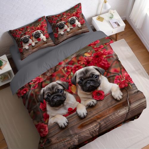 Flores Rojas Funda n&oacute;rdica Cama 90 Infantil Animal Pug Funda edred&oacute;n 150x200 cm Microfibra Suave y...