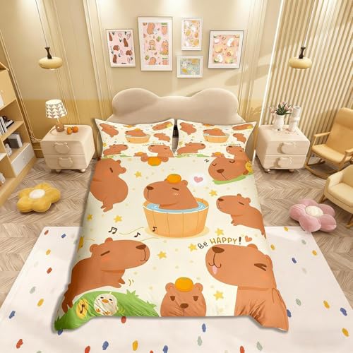 Homemissing Juego de ropa de cama de dibujos animados Capibara marr&oacute;n, funda de edred&oacute;n divertida...