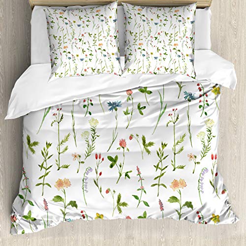 ABAKUHAUS Floral Funda N&oacute;rdica, Flores de la Hierba de Las Acuarelas, Decorativo, 3 Piezas con 2...