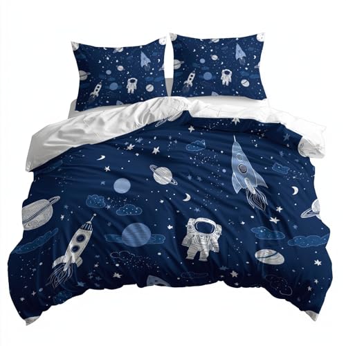 Azul Marino Juego de Funda N&oacute;rdica 150 x 220 cm Tema Espacial Astronautas Cohetes Parure de Lit,...