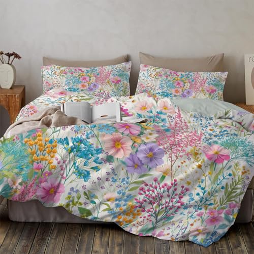WunM Studio Amapola Cosmos 3 Piezas Funda de edred&oacute;n Encantadora Escena de jard&iacute;n con Flores y...