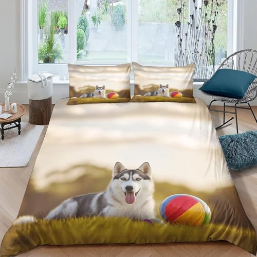 Husky de Hierba Funda de N&oacute;rdica 135x200 Impresi&oacute;n 3D Mascotas 3 Piezas Juego de Cama Funda...