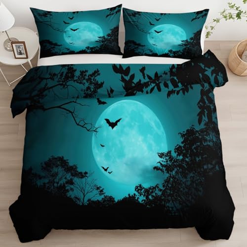 Juego de Funda N&oacute;rdica Estampada Reversible Bosque De Terror Luna Murci&eacute;lagos, Azul-Negro Suave...