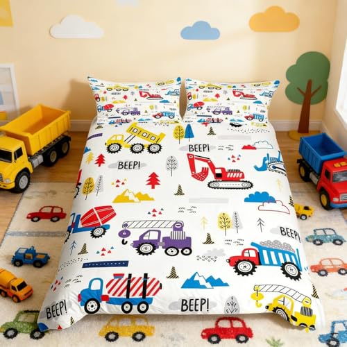 Loussiesd Juego de funda de edred&oacute;n para ni&ntilde;os, tama&ntilde;o doble, dibujos animados, maquinaria,...