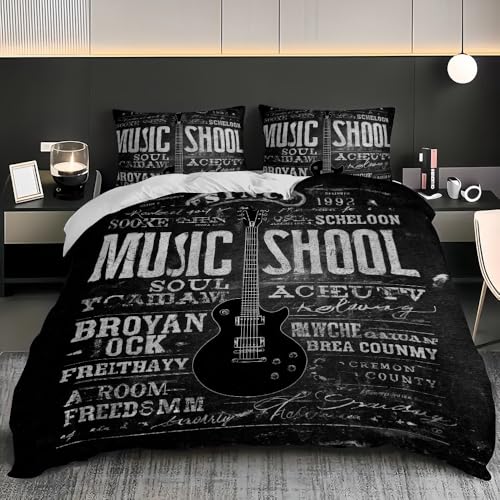 3D Funda n&oacute;rdica 240x220 cm Tema De M&uacute;Sica Retro Funda n&oacute;rdica con Cremallera, 3 Piezas Negro...
