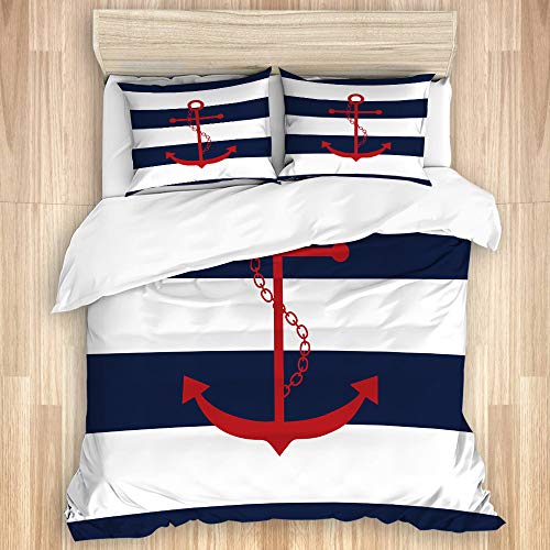 KASMILN Bedding Juego Funda Edred&oacute;n,Impresi&oacute;n n&aacute;utica de Ancla roja en Rayas Azul Marino y...