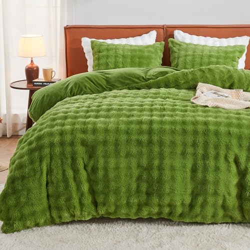 EMME Set de S&aacute;bana de Felpa 135x200 cm Verde Hierba - Juego de Cama Invierno Imitaci&oacute;n Piel de...