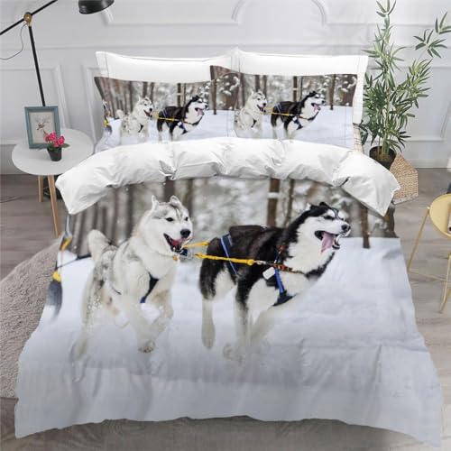 Funda Nordica de 3 Piezas para Cama 90 Husky Funda Edredon 135x200 cm Paisaje de Invierno Ropa de...