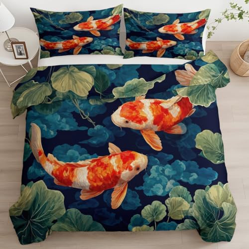 Juego de Funda N&oacute;rdica Arte Tradicional Japon&eacute;s Peces 3 Piezas 150 x 220 cm - Ropa de Cama Azul...