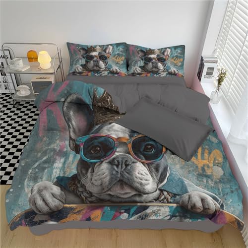 Juego de Funda N&oacute;rdica Reversible de Microfibra Bulldog franc&eacute;s- Funda de Edred&oacute;n para Cama...