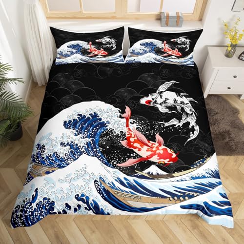 Loussiesd Juego de funda de edred&oacute;n con dise&ntilde;o de peces japoneses Ukiyoe, estilo ex&oacute;tico, koi,...