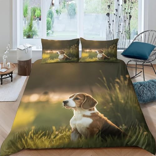 Beagle de Hierba Funda de N&oacute;rdica 160x200 Impresi&oacute;n 3D Patrones Mascotas 3 Piezas Juego de Cama...